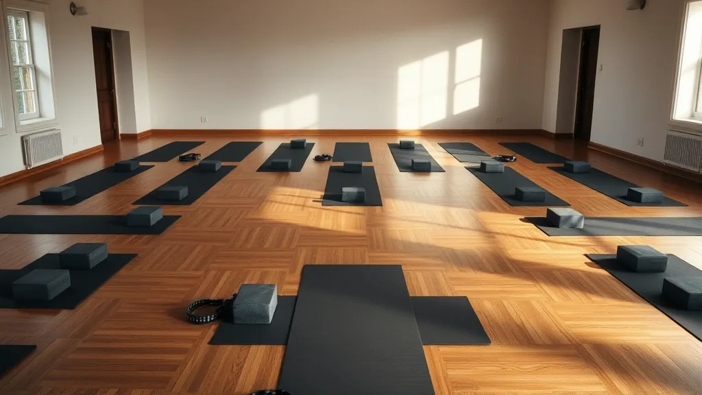 A studio room seen from the back with about twenty mats laid out in rows on a wooden floor, a block and a strap beside each one, before a class.
