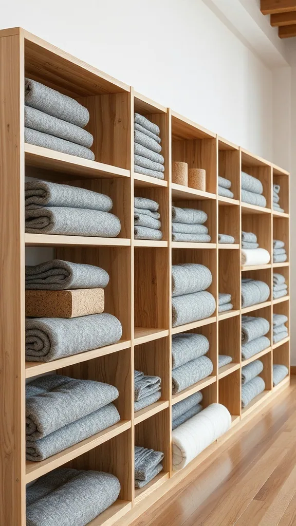 Open wooden shelves stacked with folded grey wool blankets, cork blocks and rolled bolsters.