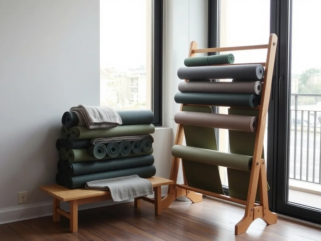 A wooden rack of rolled mats standing by a tall window, more mats stacked on a low bench beside it with a folded blanket on top.