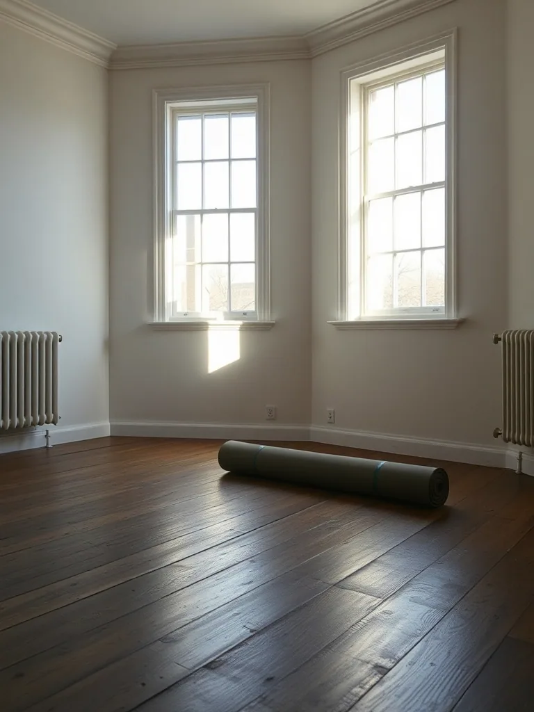 An empty upstairs studio room with worn floorboards, two tall sash windows and one rolled mat lying on the floor in the morning light.
